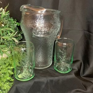 Glass COKE pitcher and 2 green glass coke can glasses